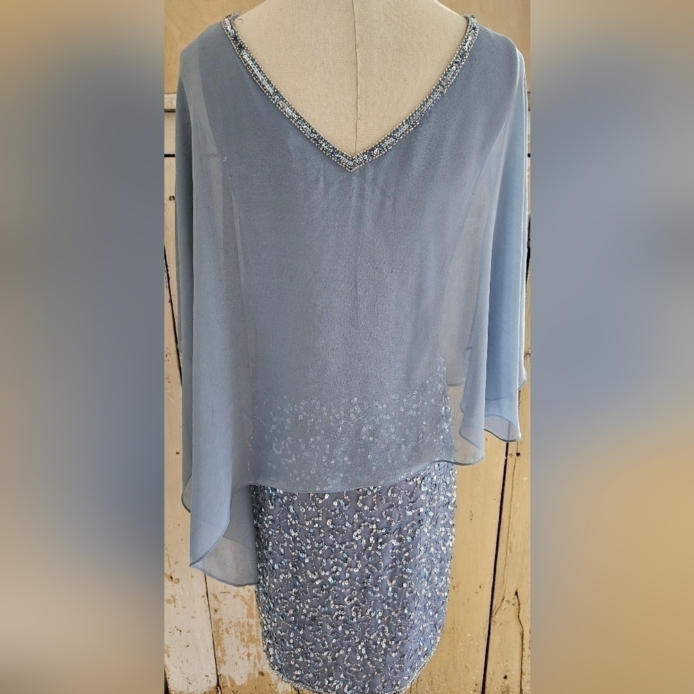 JKARA Blue Sequence Asymmetrical Cape/Shawl Flutter Sleeves Sheath Dress-Size 6P - Picture 6 of 9